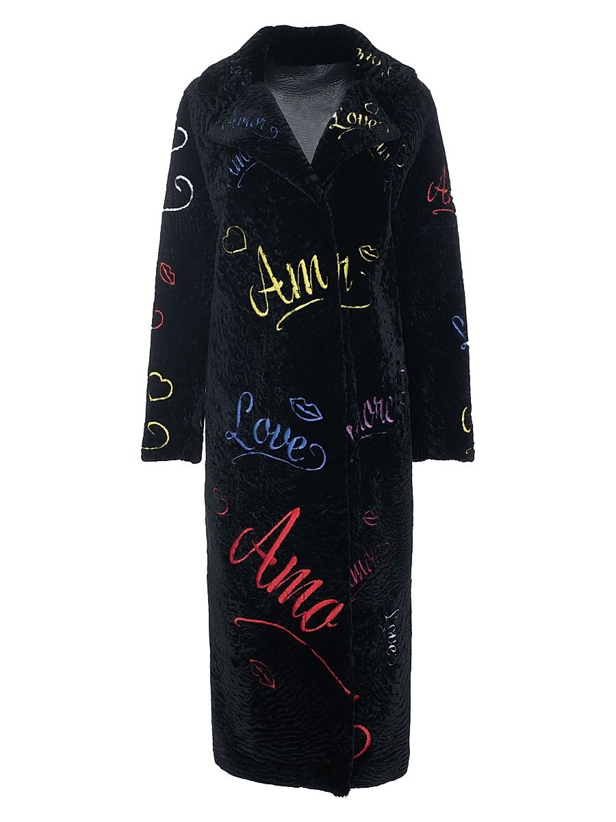 Women's Select Shearling Lamb Embroidered Love Coat - Black - Size Small