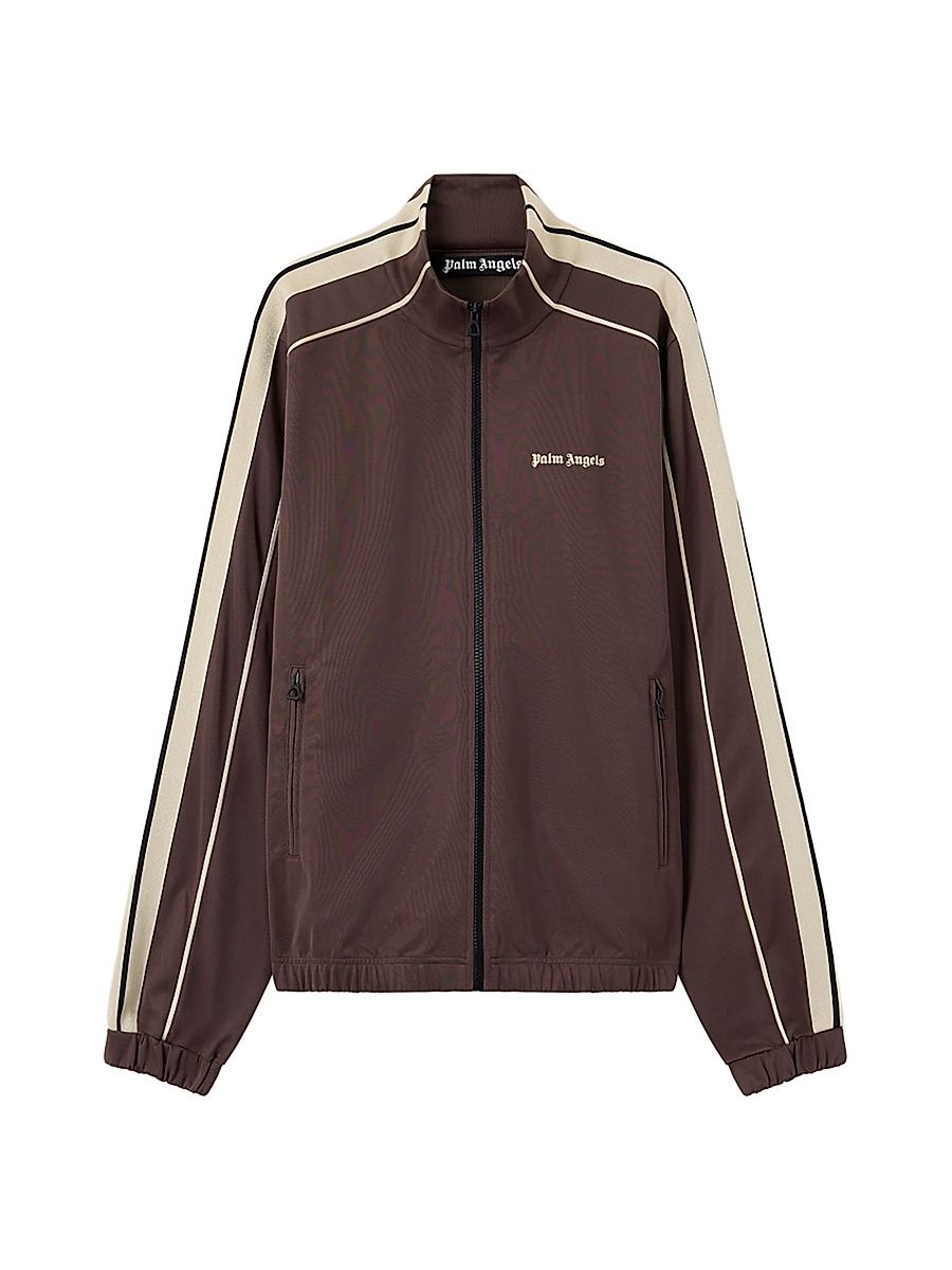 Men's Logo Striped Zip-Front Jacket - Brown Off White - Size XXL
