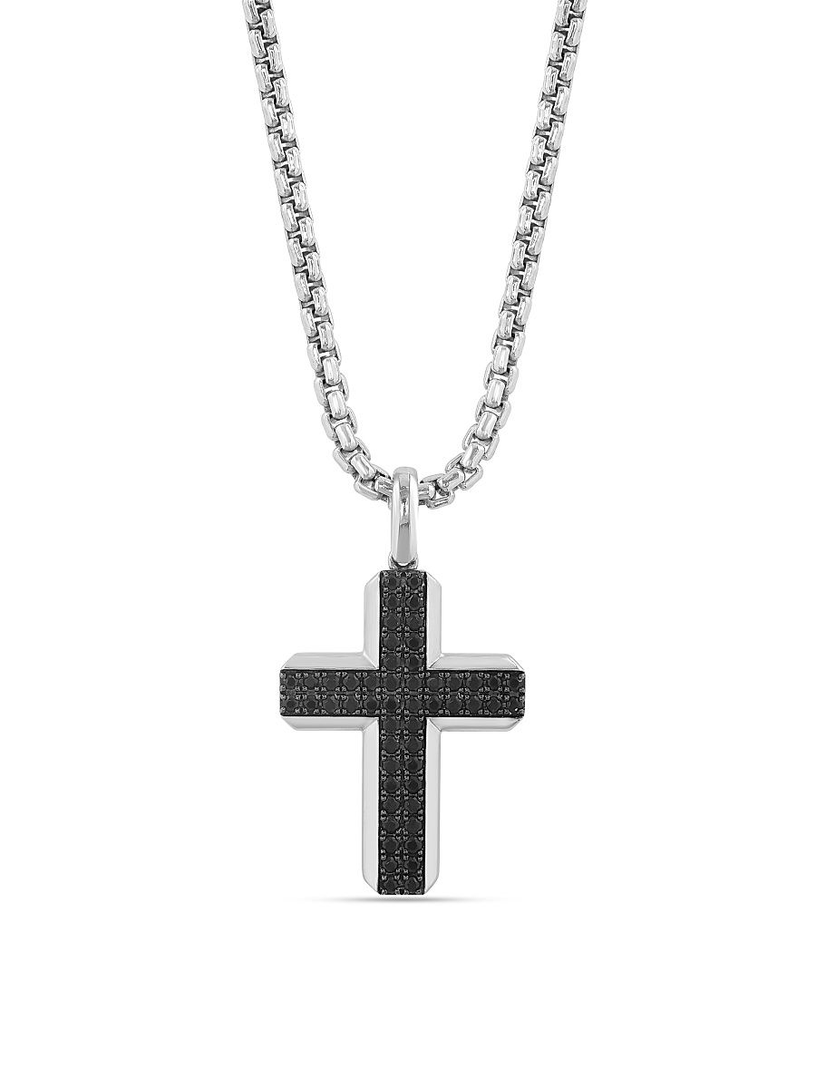 Men's Sterling Silver & Black Spinel Cross Pendant Necklace - Sterling Silver