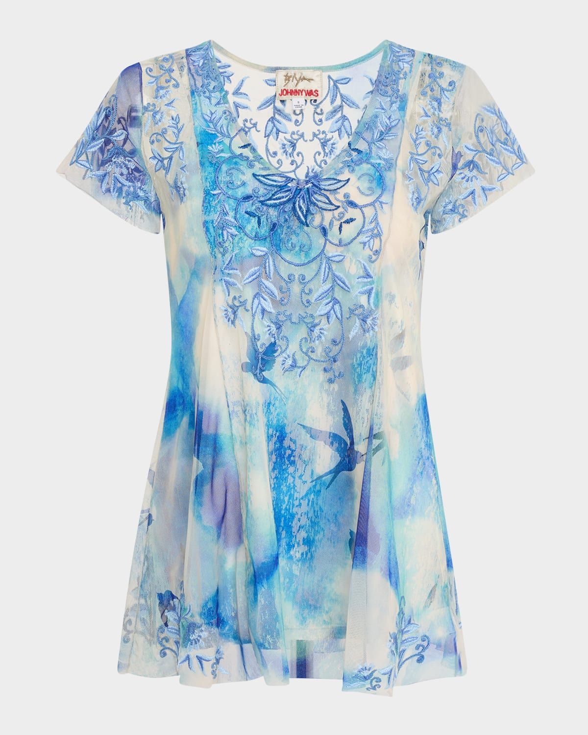 Lisette Embroidered Bird-Print Mesh Blouse