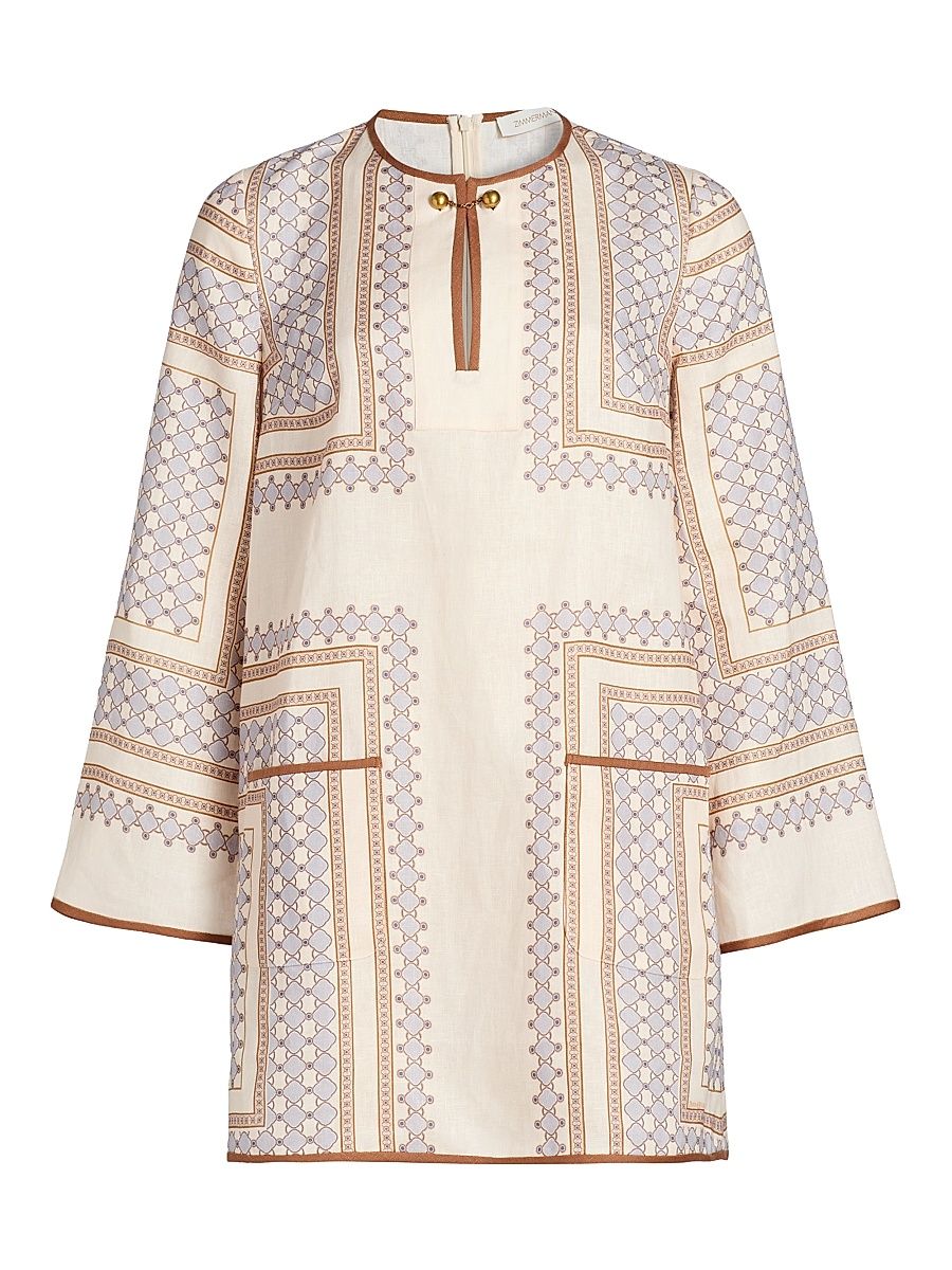 Women's Tunic Linen Minidress - Cream Navy Geo - Size 8