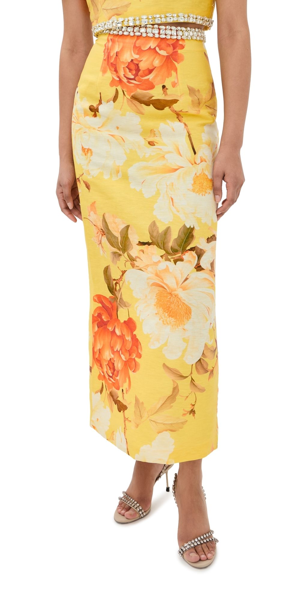 Leo Lin Kyra Embellished Maxi Skirt Peony Print in Yellow 10