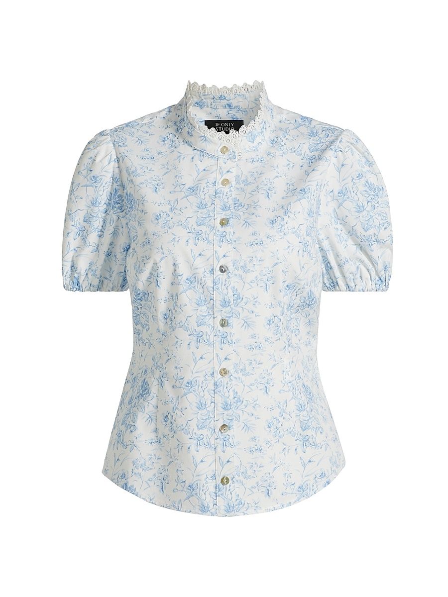 Women's Toile Lace-Trim Shirt - Blue - Size 8