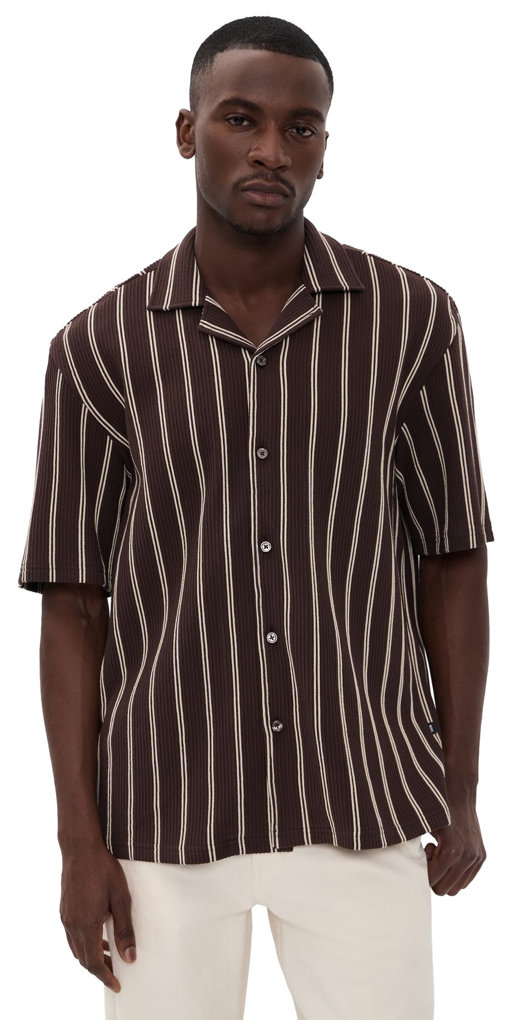 BOSS Ribbed Camp Shirt Dark Brown L