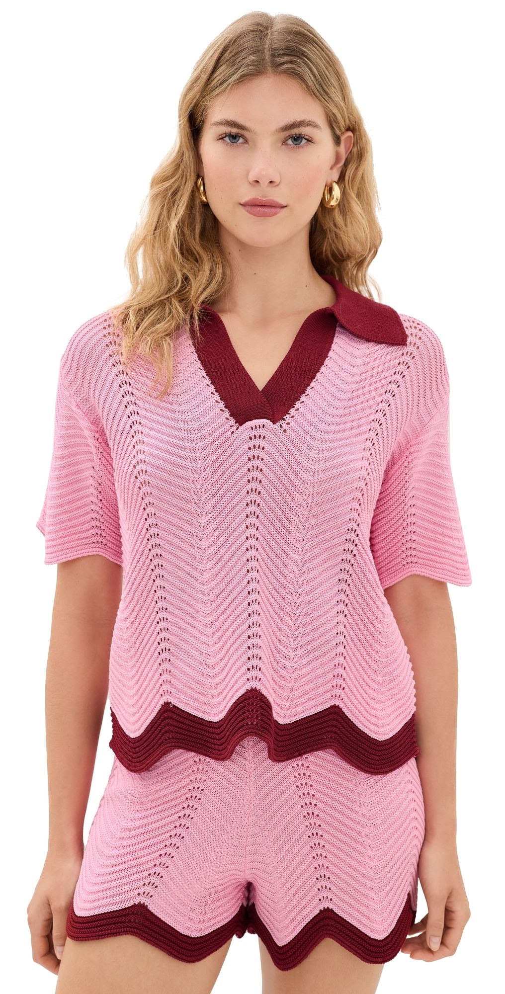 English Factory Scallop Polo Short Sleeve Knit Pink/Burgundy S
