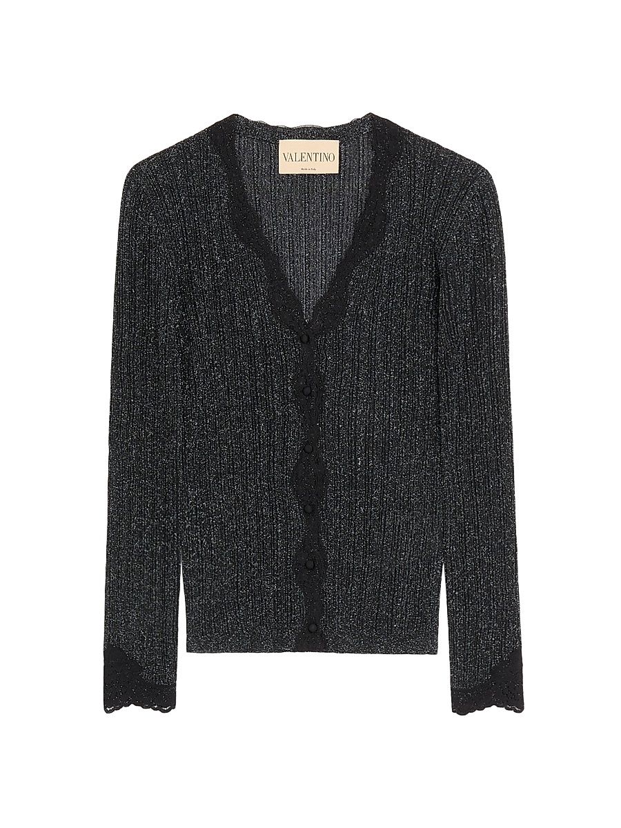 Women's Lurex Knit Cardigan with Lace - Black Silver - Size Medium