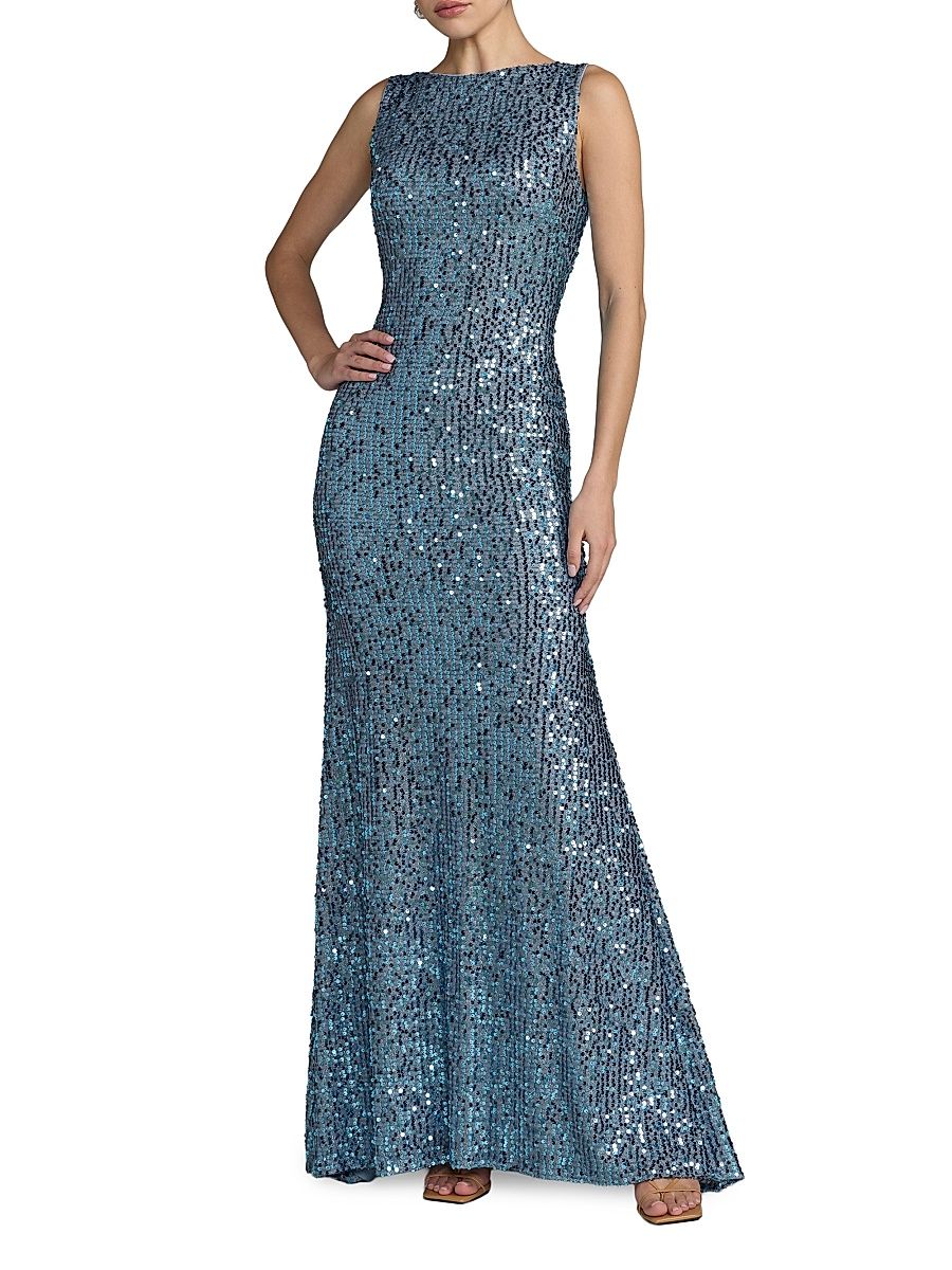 Women's Petite Sequined Cowlback Gown - Fusion Blue - Size 12