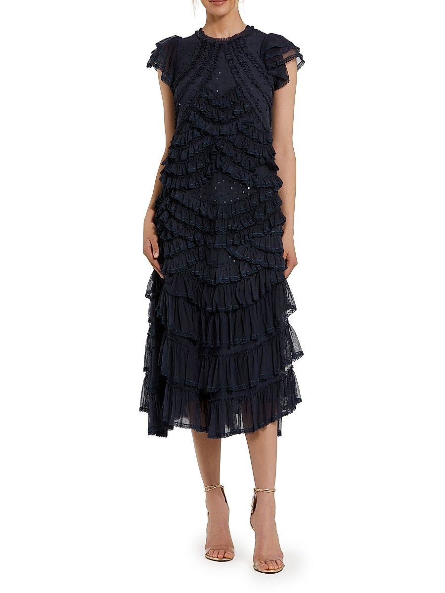 Women's High Neck Mesh Ruffle Midi-Dress - Navy - Size XL