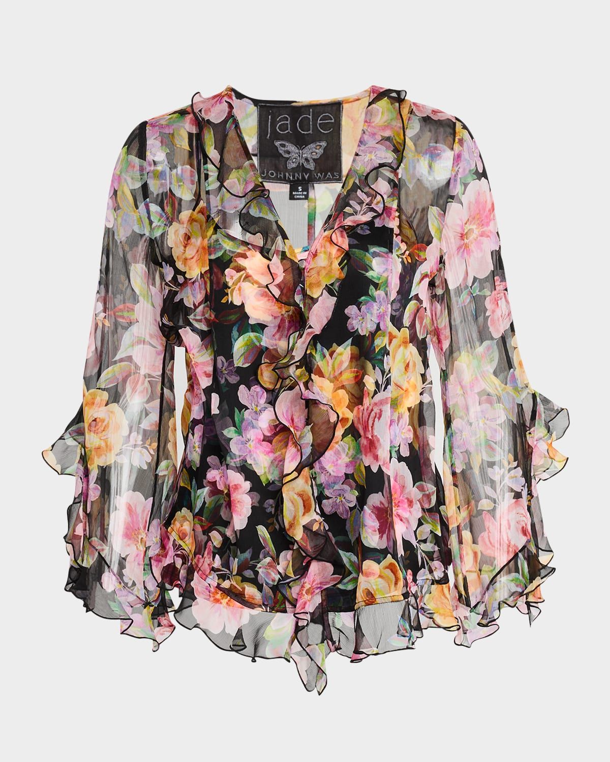Kylie Floral-Print Ruffle Chiffon Blouse