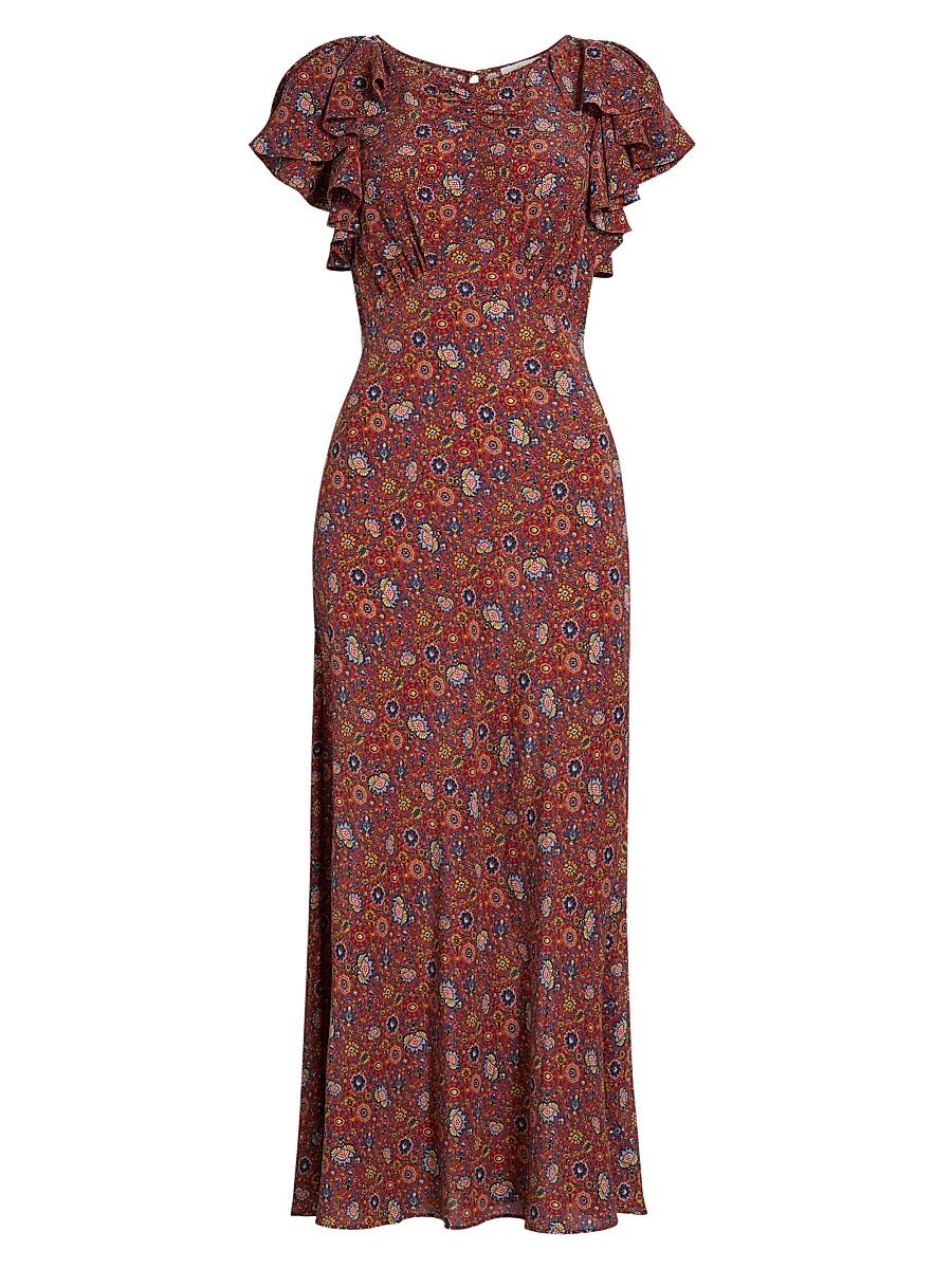 Women's Beatriz Floral Silk Short-Sleeve Maxi Dress - Rouge Riviera Medallion - Size Small