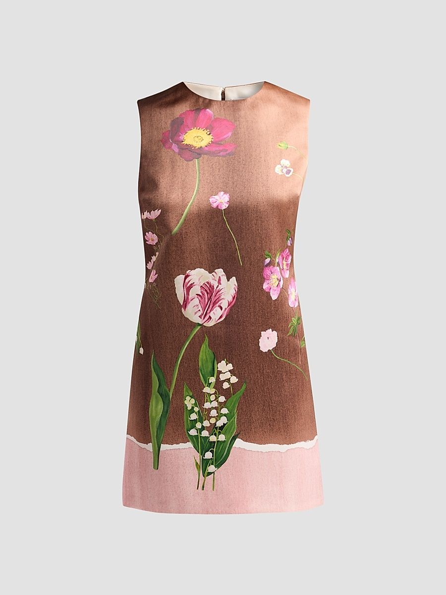 Women's Mixed Botanical Border Satin Sleeveless Mini Dress - Blush Brown - Size 10