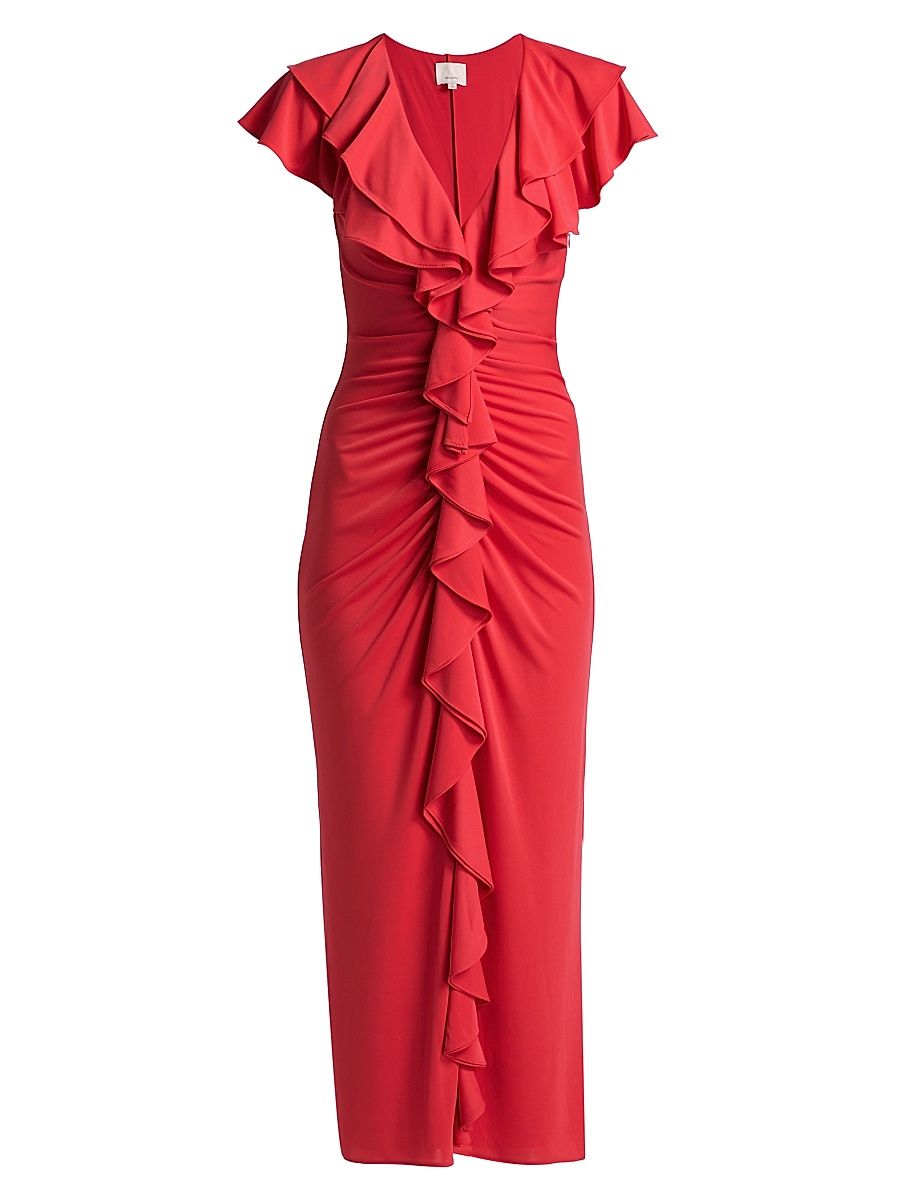 Women's Tallis Ruched Ruffled Midi-Dress - Crimson Aura - Size 00