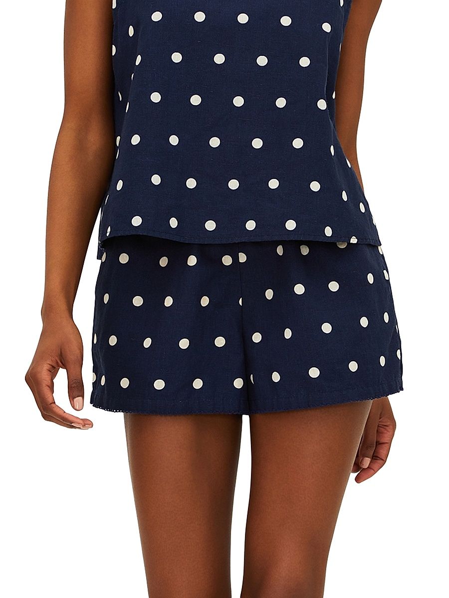 Women's Birkley Polka Dot Cotton-Linen Shorts - Navy Polka Dot - Size Large