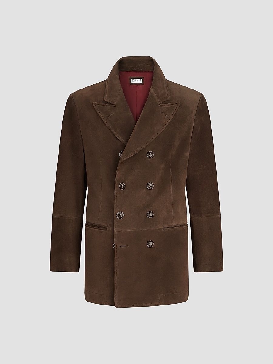 Men's Suede Blazer-Style Outerwear Jacket with Peak Lapels - Brown - Size XXXL