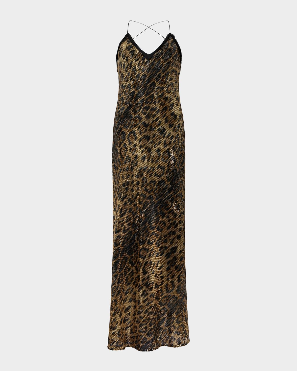 Jaguar-Print Sequined Backless Maxi Slip Dress