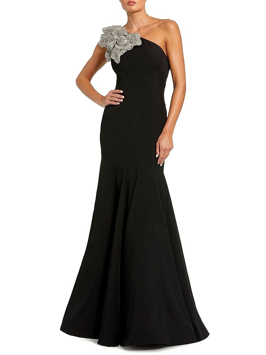 Women's Evening Crepe Mermaid Sleeveless One-Shoulder Gown - Black - Size 8