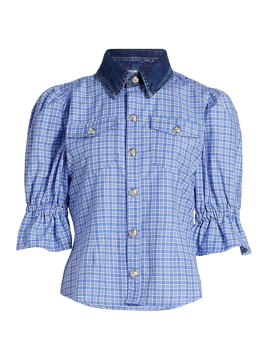 Women's Keely Gingham Puff-Sleeve Top - Blue Crush Ultramarine - Size XL