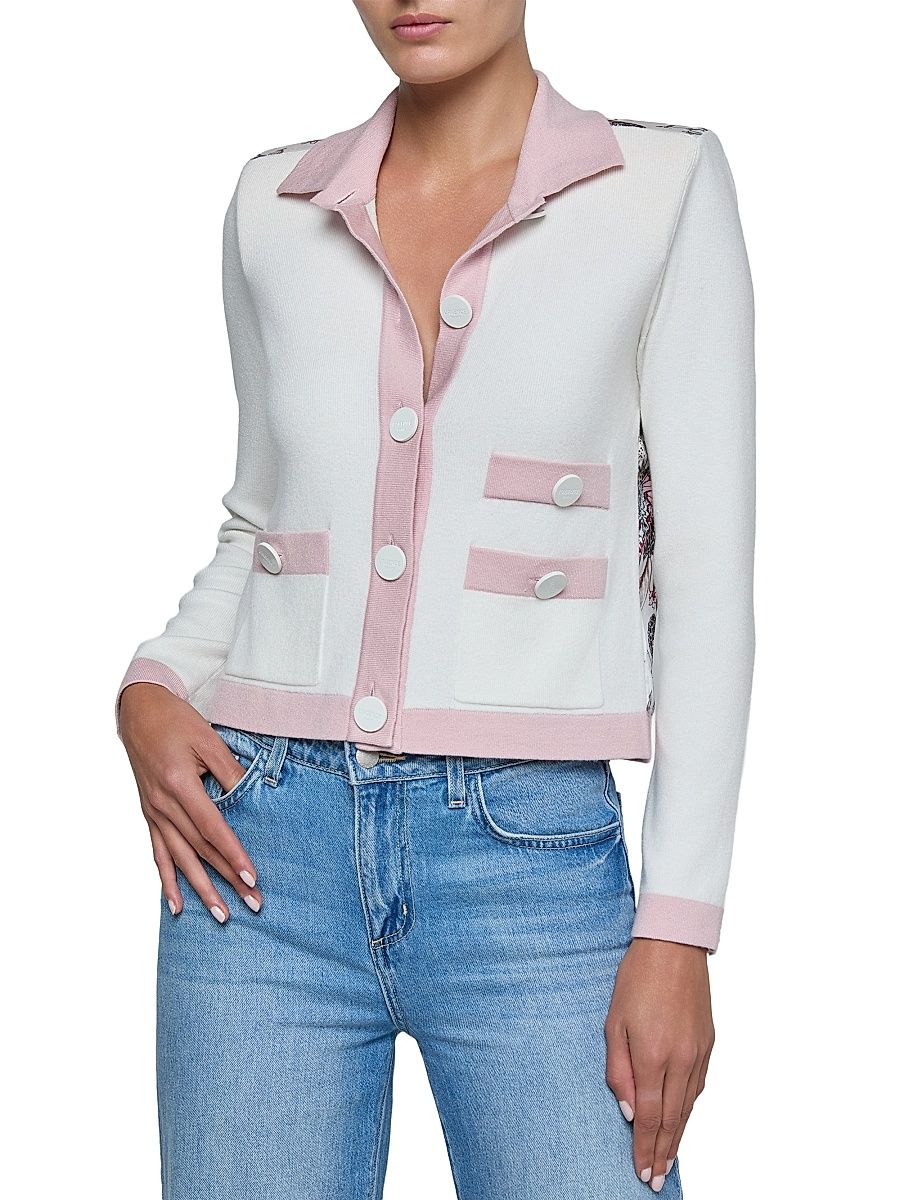 Women's Nomi Satin Back Cardigan - Ivory Pink Butterfly Jungle - Size Large