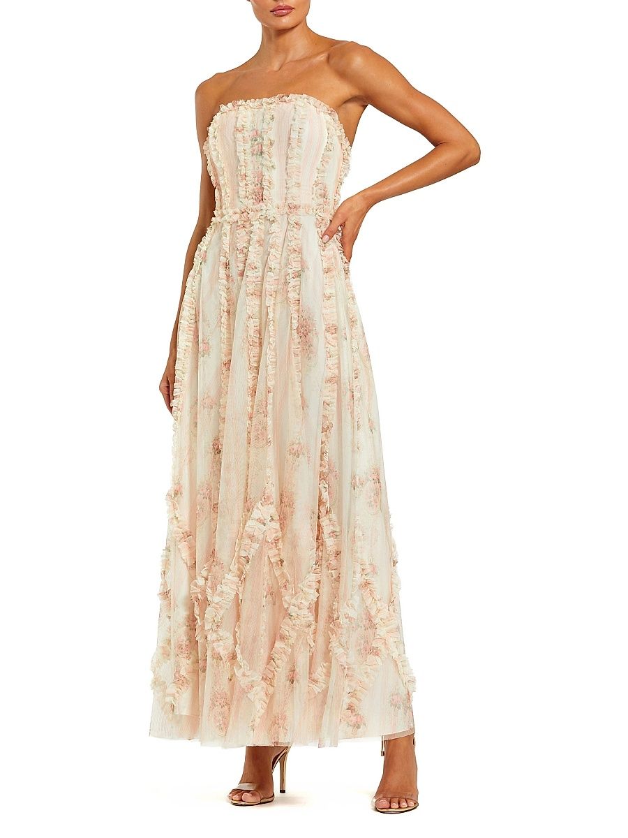 Women's Floral Mesh Ruffled Strapless Gown - Ivory Multi - Size 12