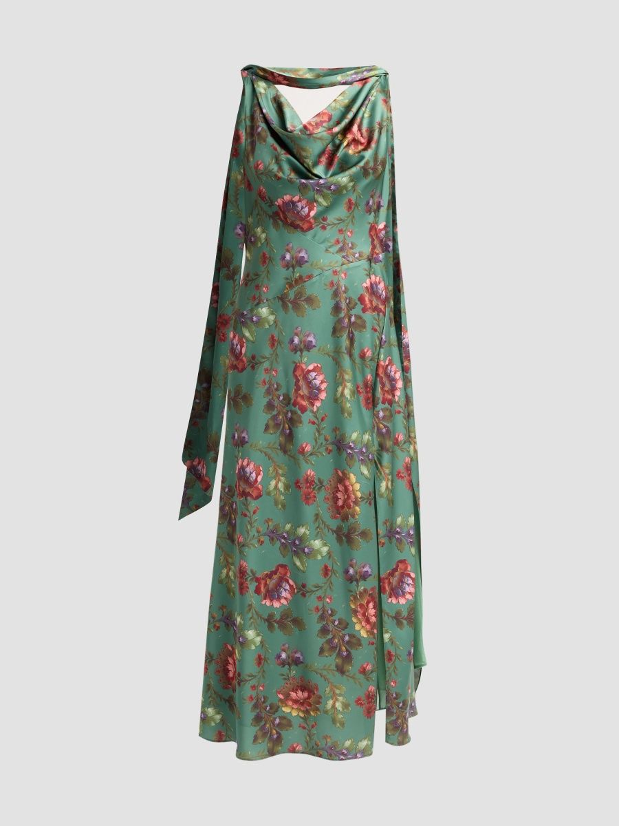 Women's Fresco Floral Satin Midi Dress - Dark Ivory Multi - Size 12