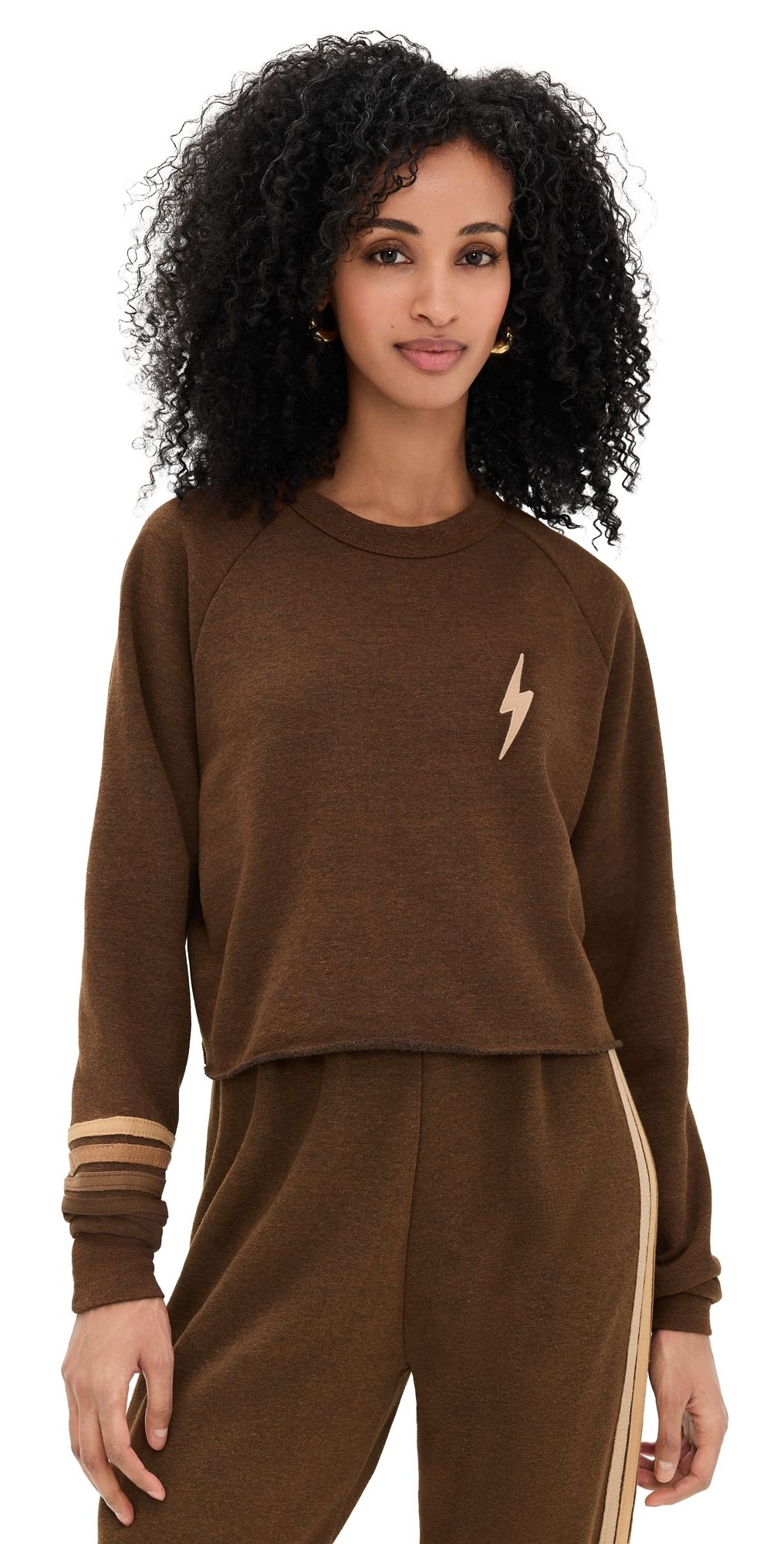 Aviator Nation Bolt Rugby Stitch Cropped Crew Sweatshirt Chocolate/Espresso M