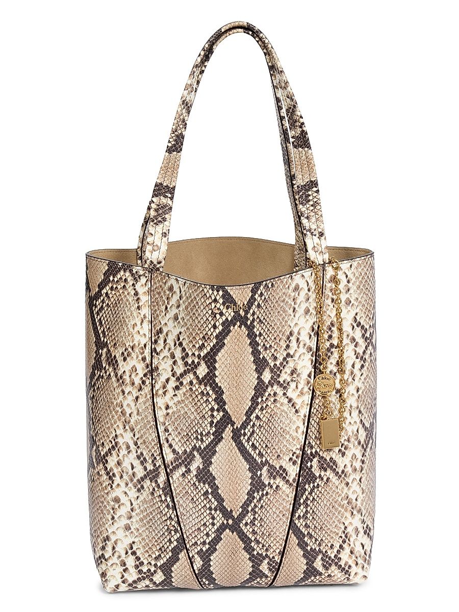 Women's Spin Medium Snakeskin-Embossed Leather Tote Bag - Dusty Beige