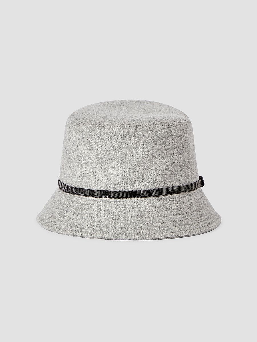 Women's Virgin Wool and Cashmere Flannel Bucket Hat with Shiny Band - Light Grey - Size Small
