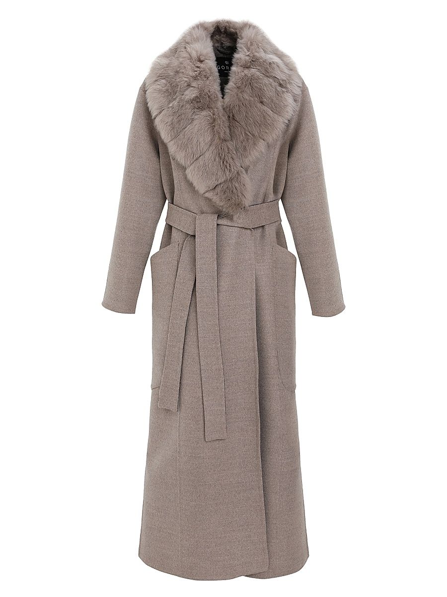 Women's Double Face Loro Piana Wool and Cashmere Coat with Detachable Merinillo Shearling Lamb Collar, Belt - Light Brown - Size Small