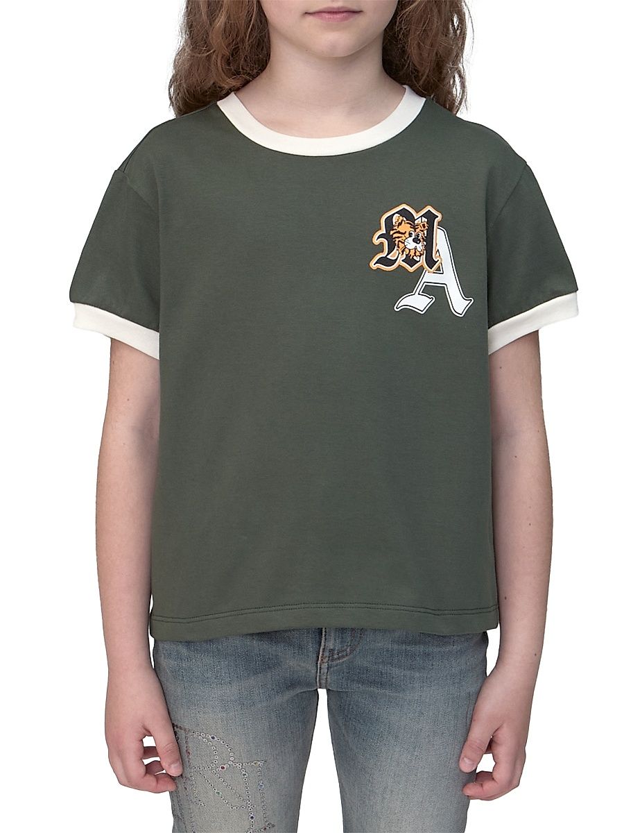 Little Kid's & Kid's Varsity Patch-Print Ringer T-Shirt - Dark Sage - Size 4