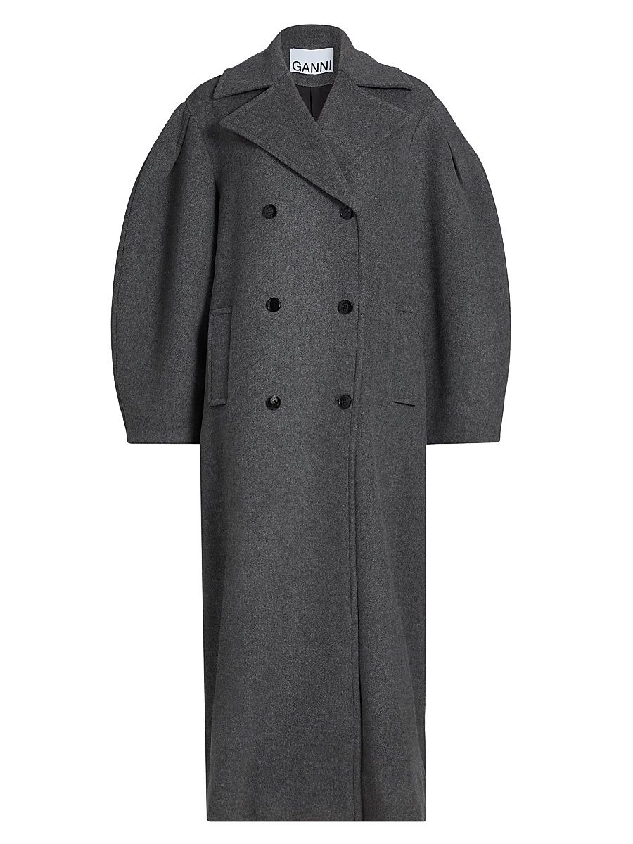Women's Wool-Blend Double-Breasted Trench Coat - Pewter Melange - Size 14