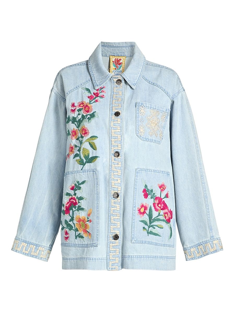 Women's Sunnie Embroidered Oversized Denim Trucker Jacket - Denim Blue - Size XXL