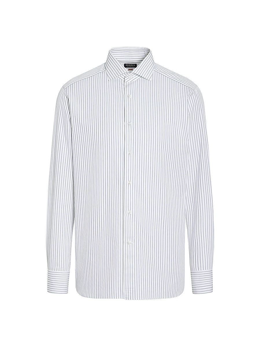 Men's Structured Striped Centoventimila Cotton Shirt - Navy Blue White - Size 17.5