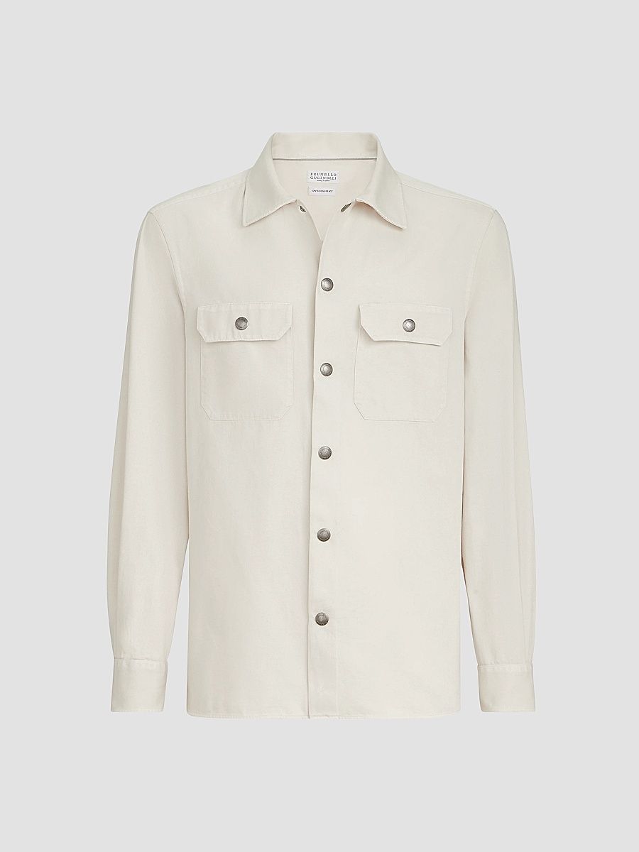 Men's Garment-Dyed Overshirt in Cotton Gabardine - White - Size Large