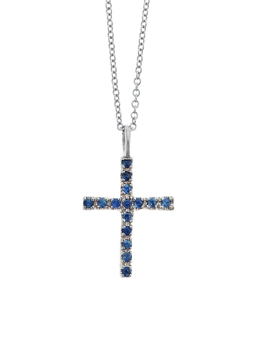 Women's 18K White Gold & Blue Sapphire Cross Pendent Necklace - Blue