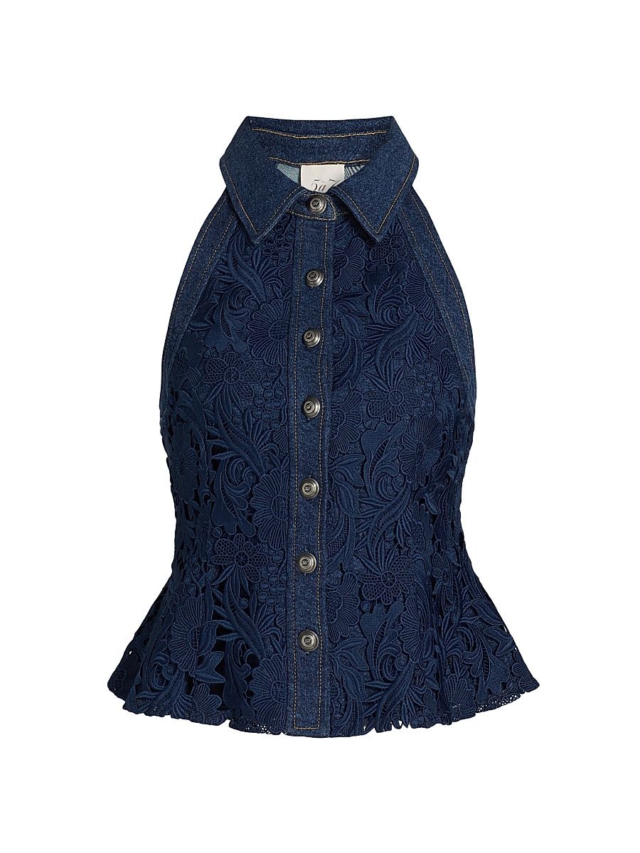 Women's Ronin Denim Lace Peplum Blouse - Navy - Size 16