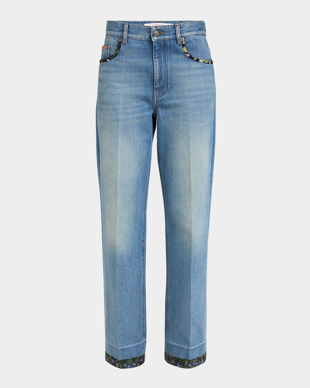 Floral-Print Trim Straight-Leg Denim Jeans