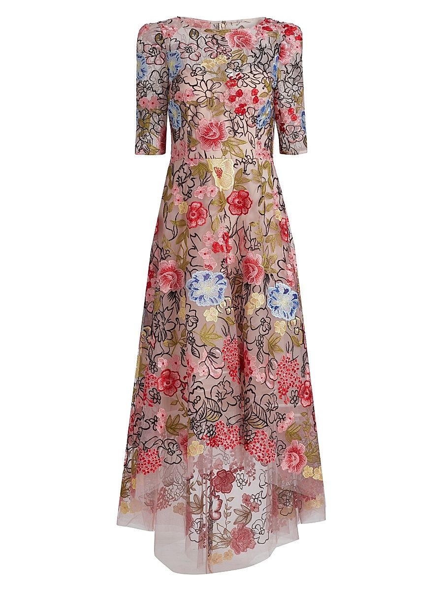 Women's Floral Embroidery Mesh High-Low Midi-Dress - Pink Multi - Size 12