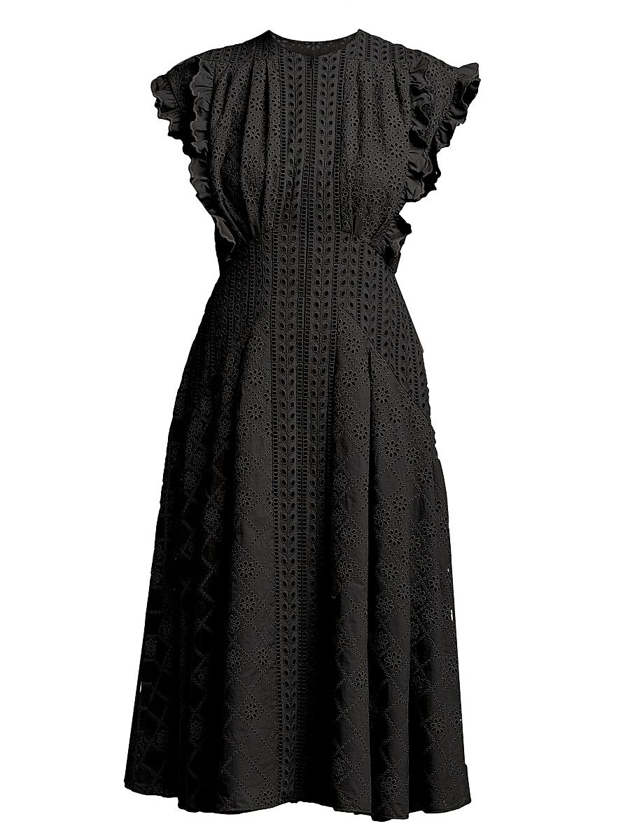 Women's Broderie Anglaise Fit & Flare Midi-Dress - Black - Size 6