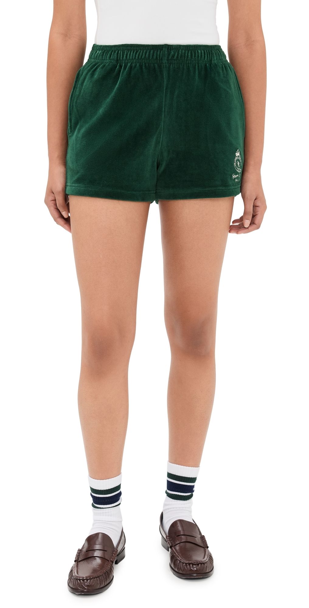Sporty & Rich Crown Tennis Velour Shorts Forest/Ecru XS