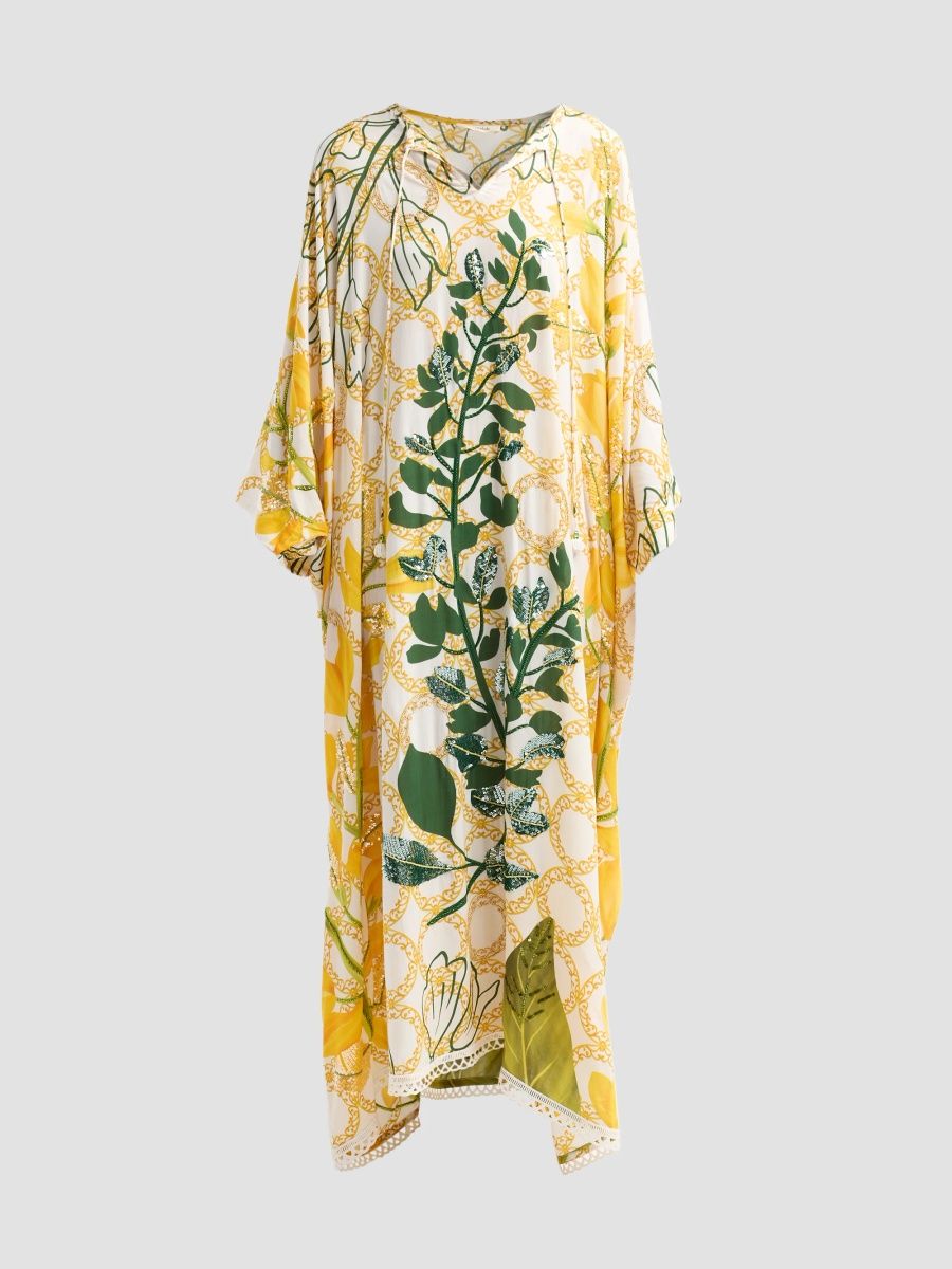 Verandah Women's Bejewelled Garden Party Caftan Dress - Ivory Jali Wisteria Panel - Size Large
