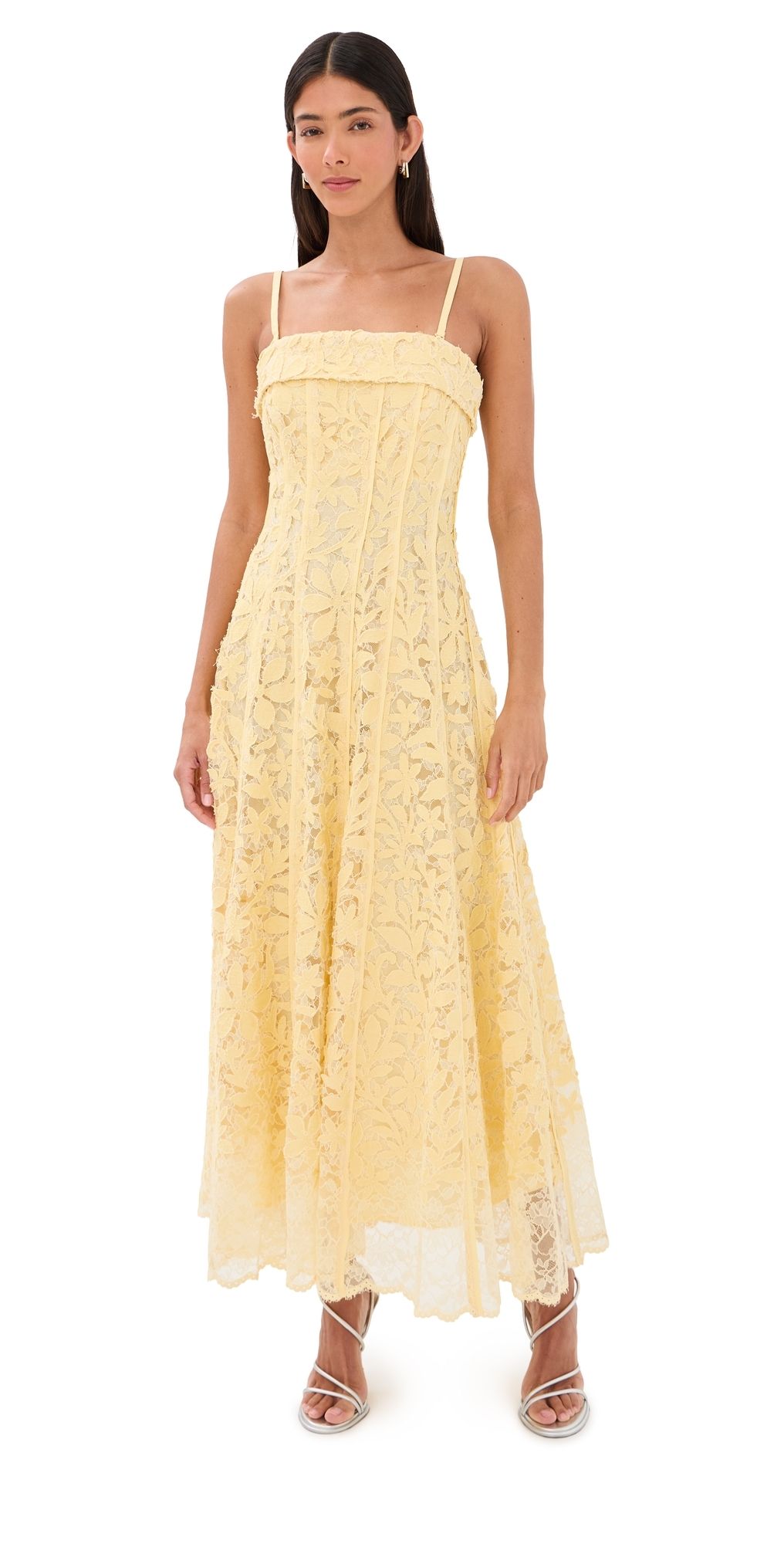 SIMKHAI Imogen Cotton Lace Bustier Midi Dress Buttercream 12