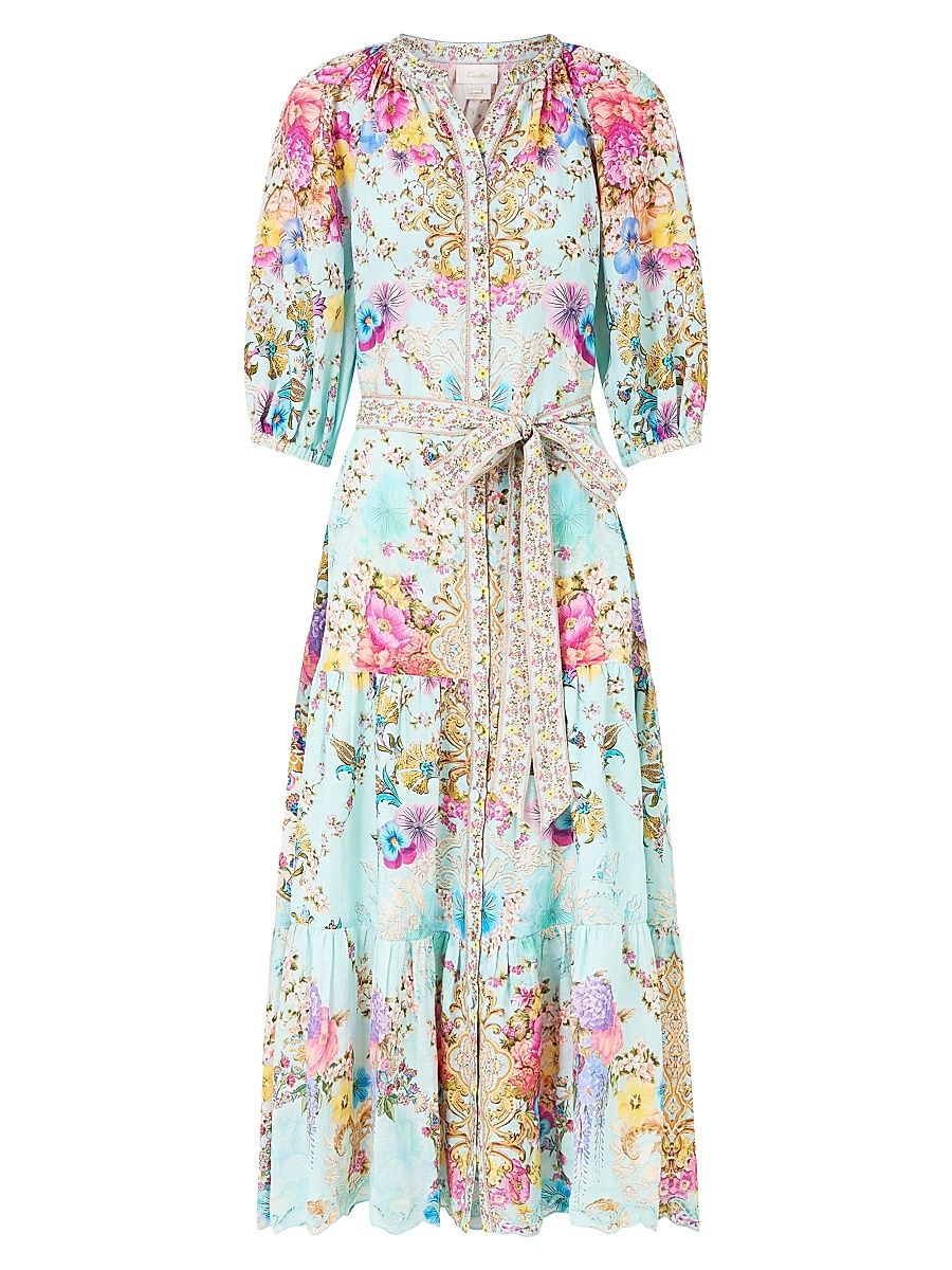 Women's Floral Linen Midi-Shirtdress - Bazaar Blooms - Size XS
