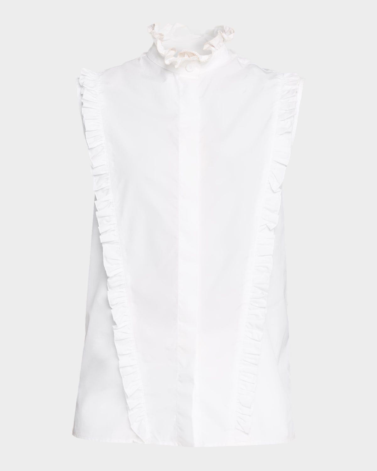 Sleeveless Ruffle-Trim Cotton Poplin Shirt
