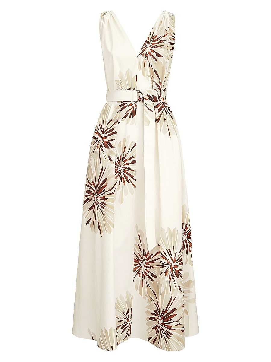 Women's Cotton Bloom Print Poplin Dress with Monili - Beige - Size XXXL