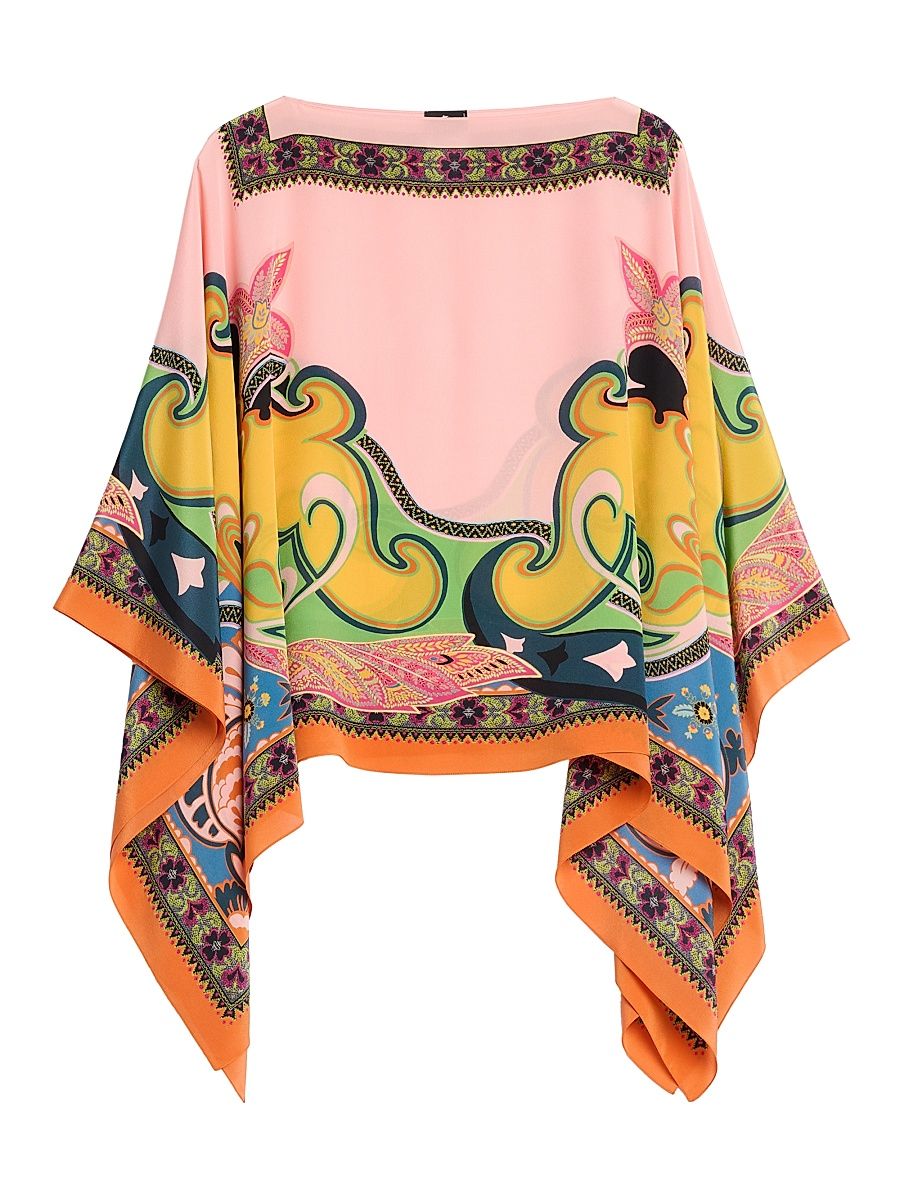 Women's Printed Silk Poncho - Printed Pink Base