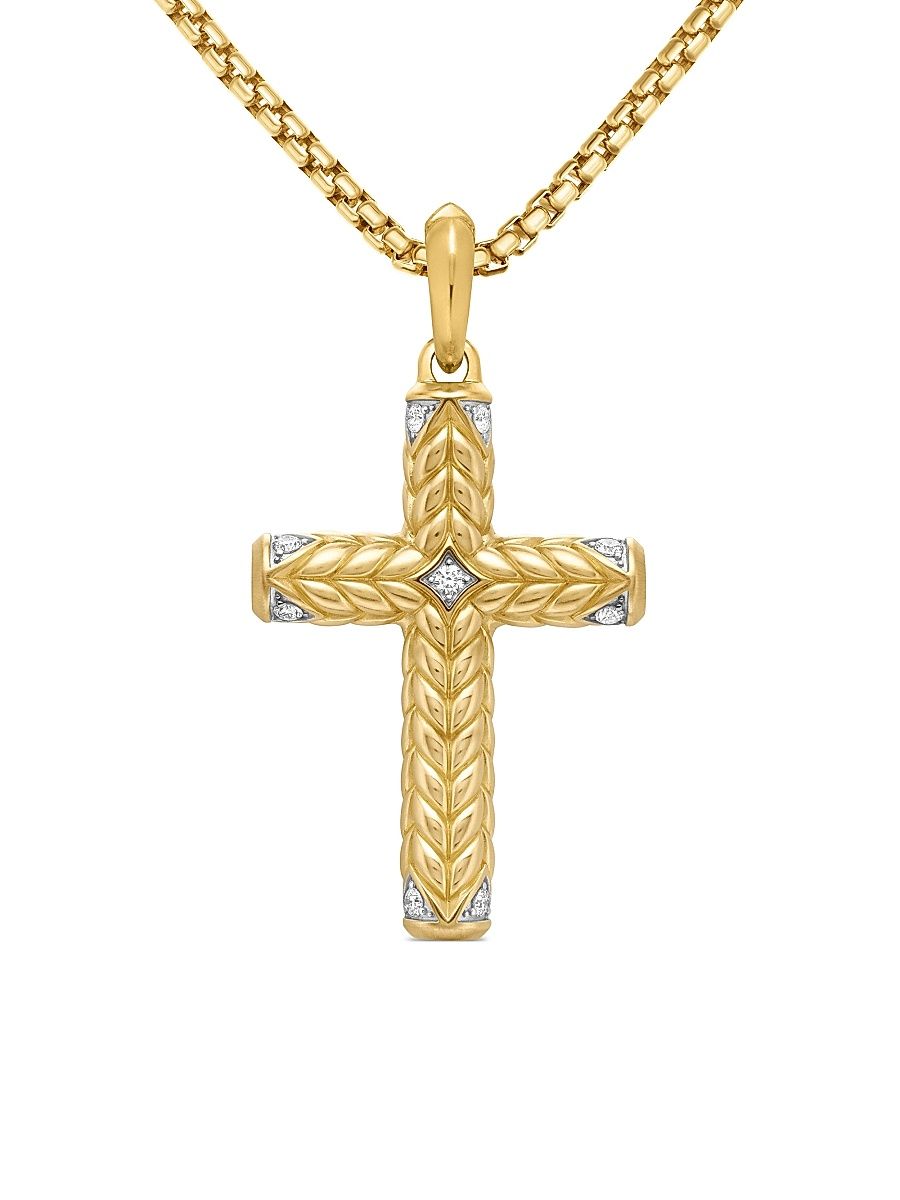 Men's Chevron Sculpted Cross Pendant in 18K Yellow Gold with Diamonds, 49MM - Diamond