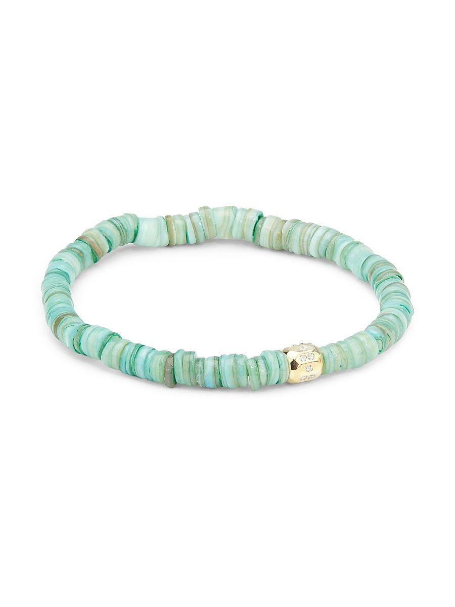 Men's 14K Yellow Gold, Pueblo Bead, & Sapphire Stretch Bracelet - Green