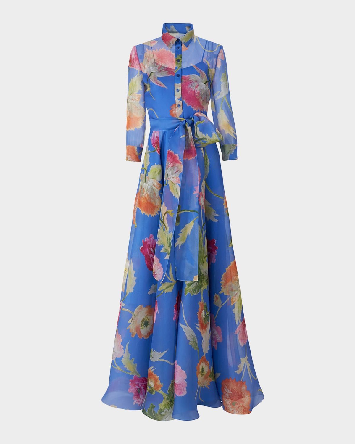 Floral Silk Chiffon Belted Trench Gown