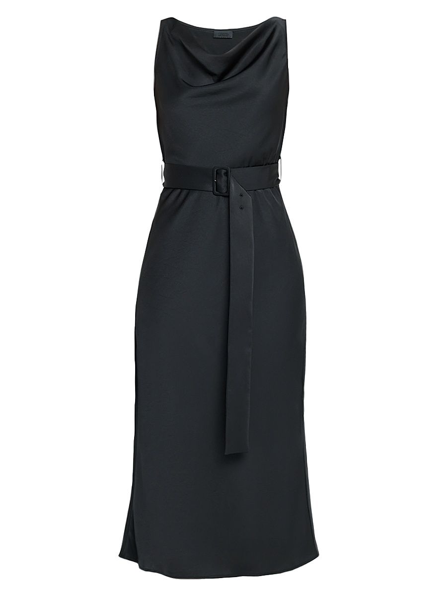 Women's Satin Belted Midi-Dress - Black - Size 6