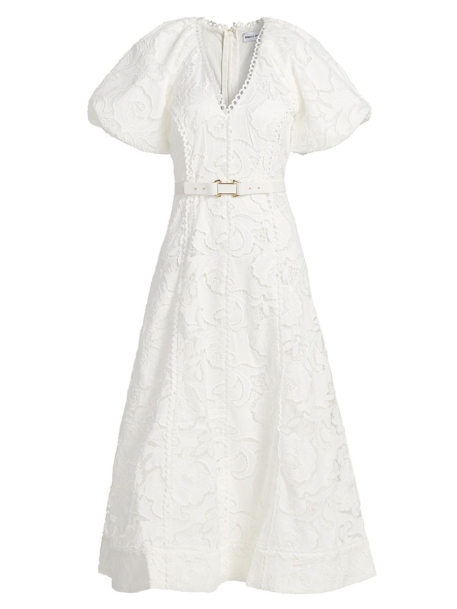 Women's Ginger Embroidered Puff-Sleeve Midi-Dress - Ivory - Size 8